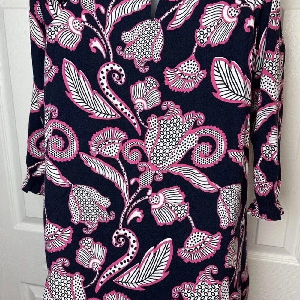 New CROWN & IVY Ruffle Neck Dress Cold Shoulder Paisley Blue Pink White Sz L - Picture 4 of 6